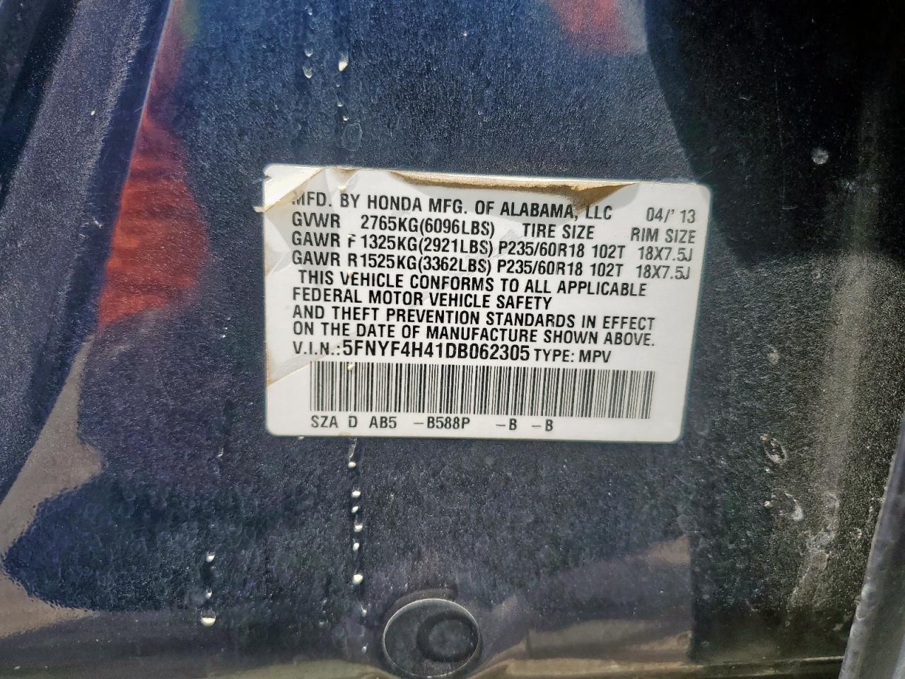 2013 Honda Pilot Ex VIN: 5FNYF4H41DB062305 Lot: 64395475