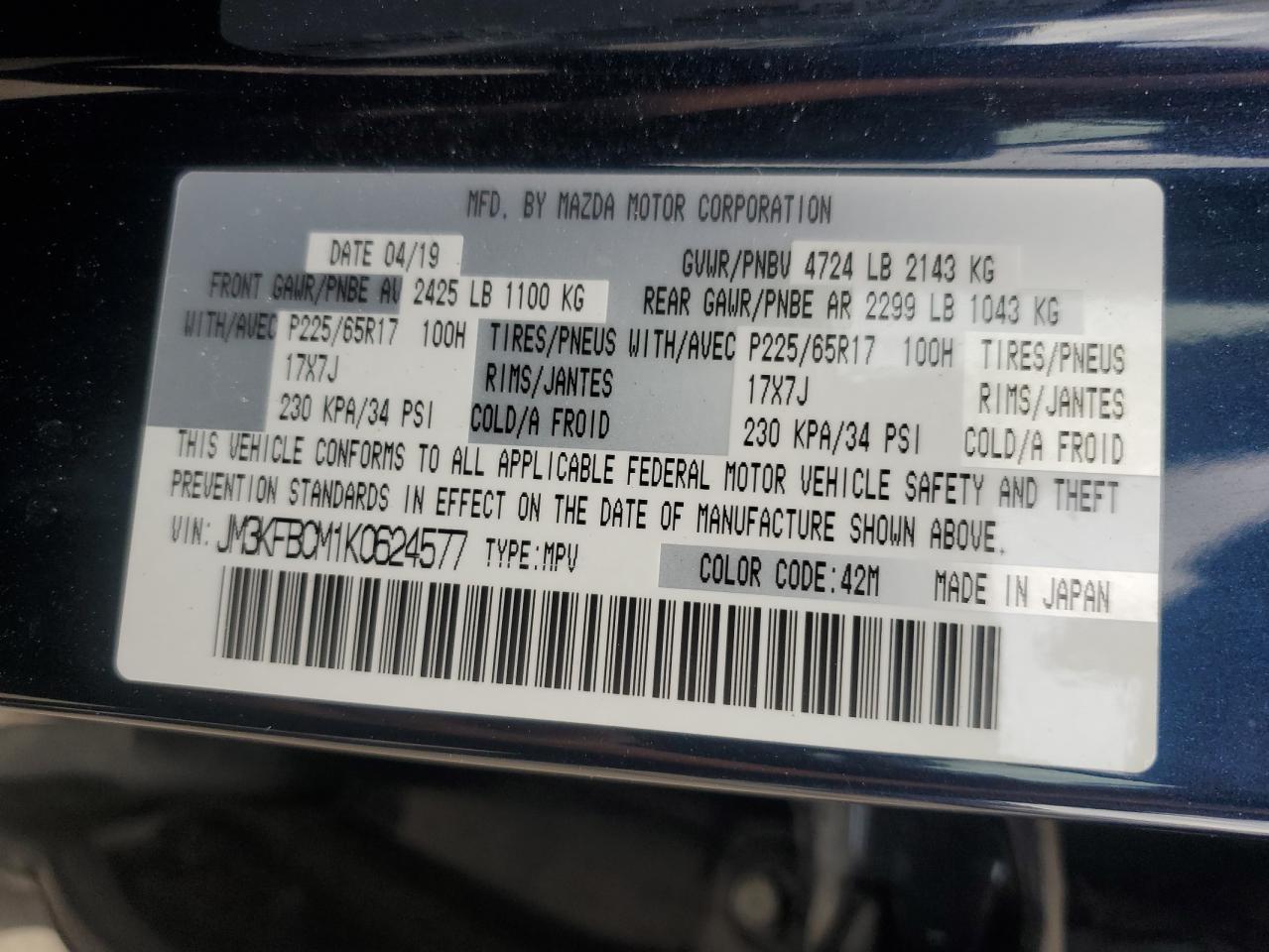 JM3KFBCM1K0624577 2019 Mazda Cx-5 Touring