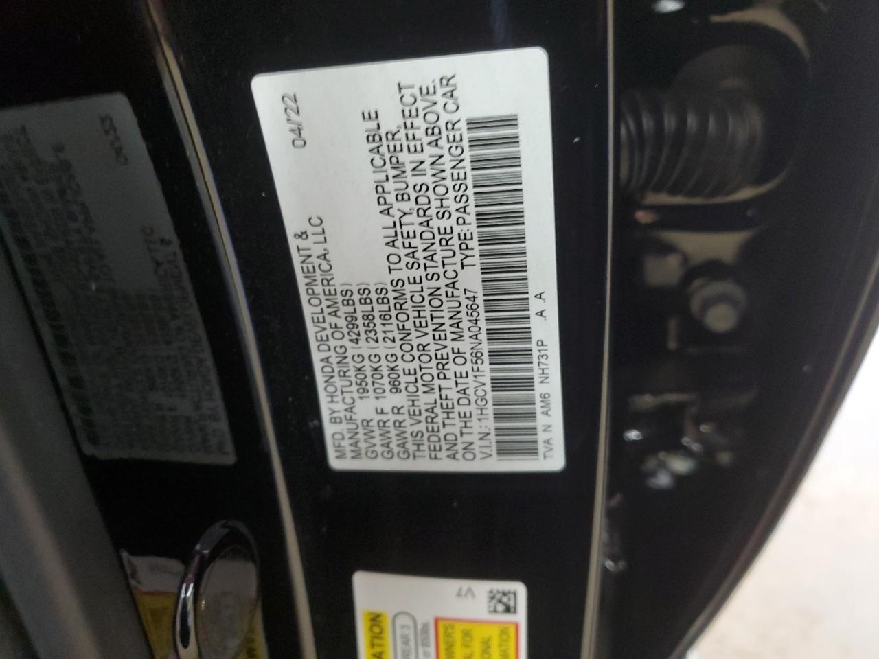 2022 Honda Accord Exl VIN: 1HGCV1F56NA045647 Lot: 63907345