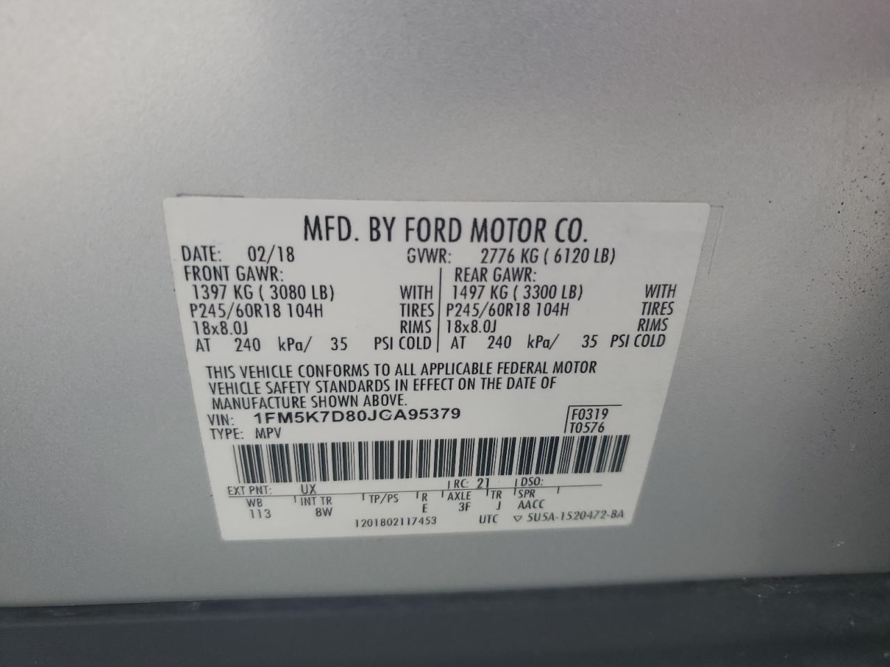 2018 Ford Explorer Xlt VIN: 1FM5K7D80JGA95379 Lot: 64438235
