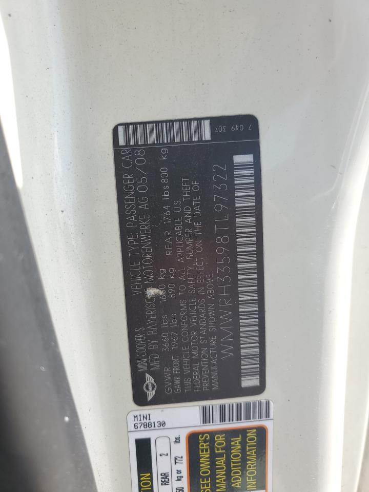 2008 Mini Cooper S VIN: WMWRH33598TL97322 Lot: 63989765