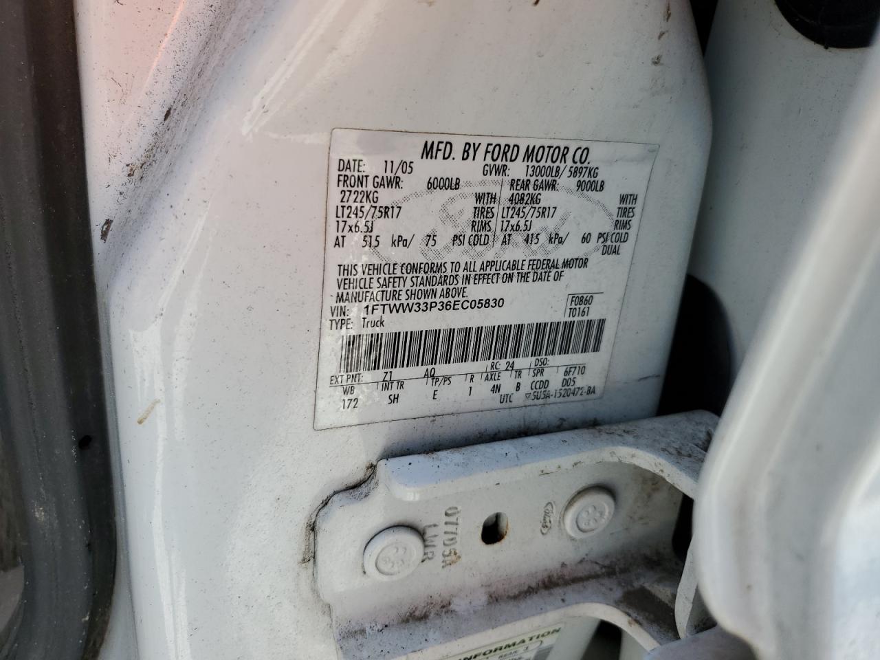 2006 Ford F350 Super Duty VIN: 1FTWW33P36EC05830 Lot: 63467175