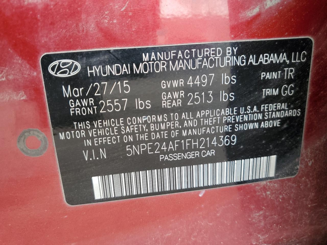 2015 Hyundai Sonata Se VIN: 5NPE24AF1FH214369 Lot: 63397195