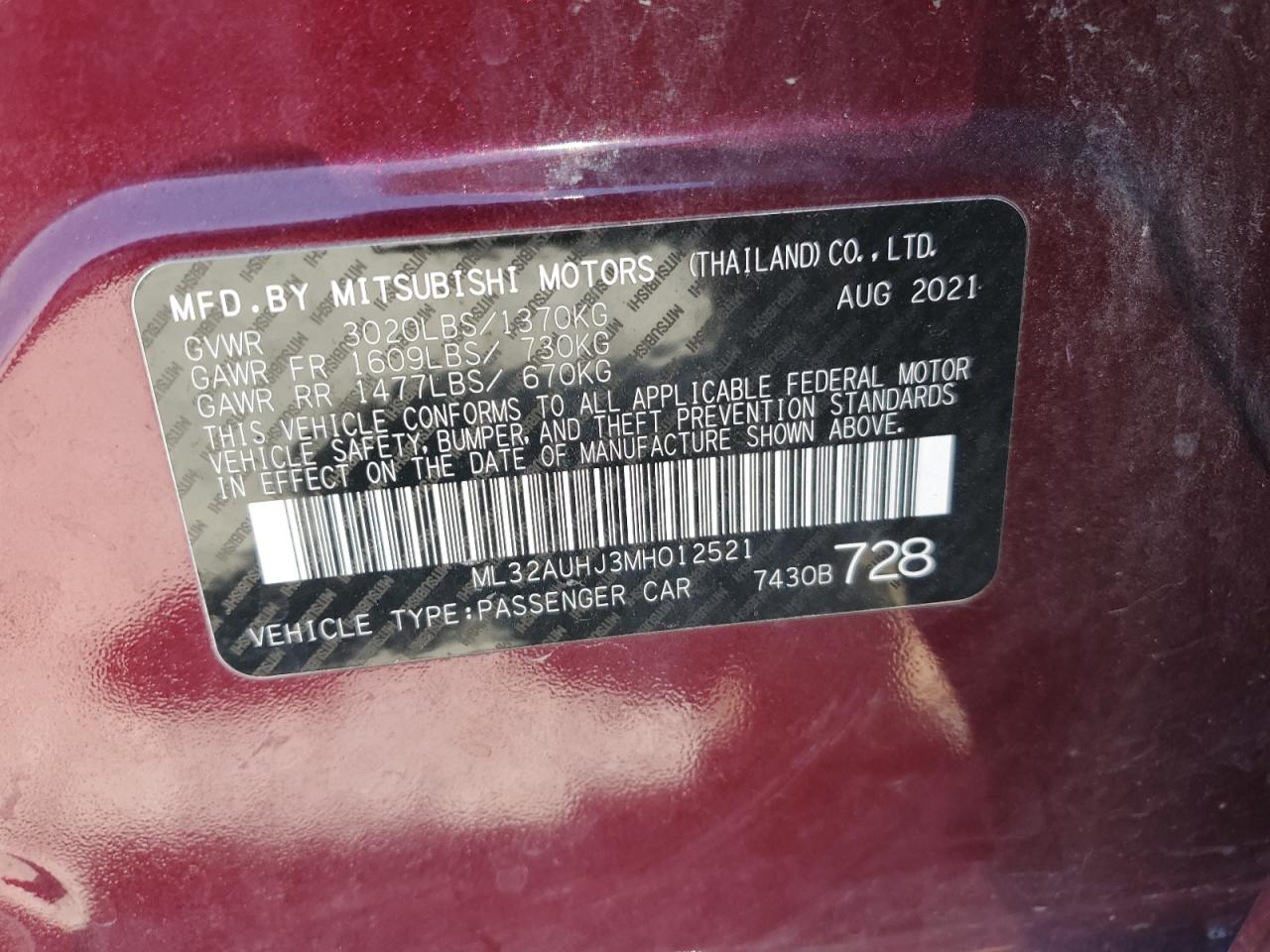 2021 Mitsubishi Mirage Es VIN: ML32AUHJ3MH012521 Lot: 64518495