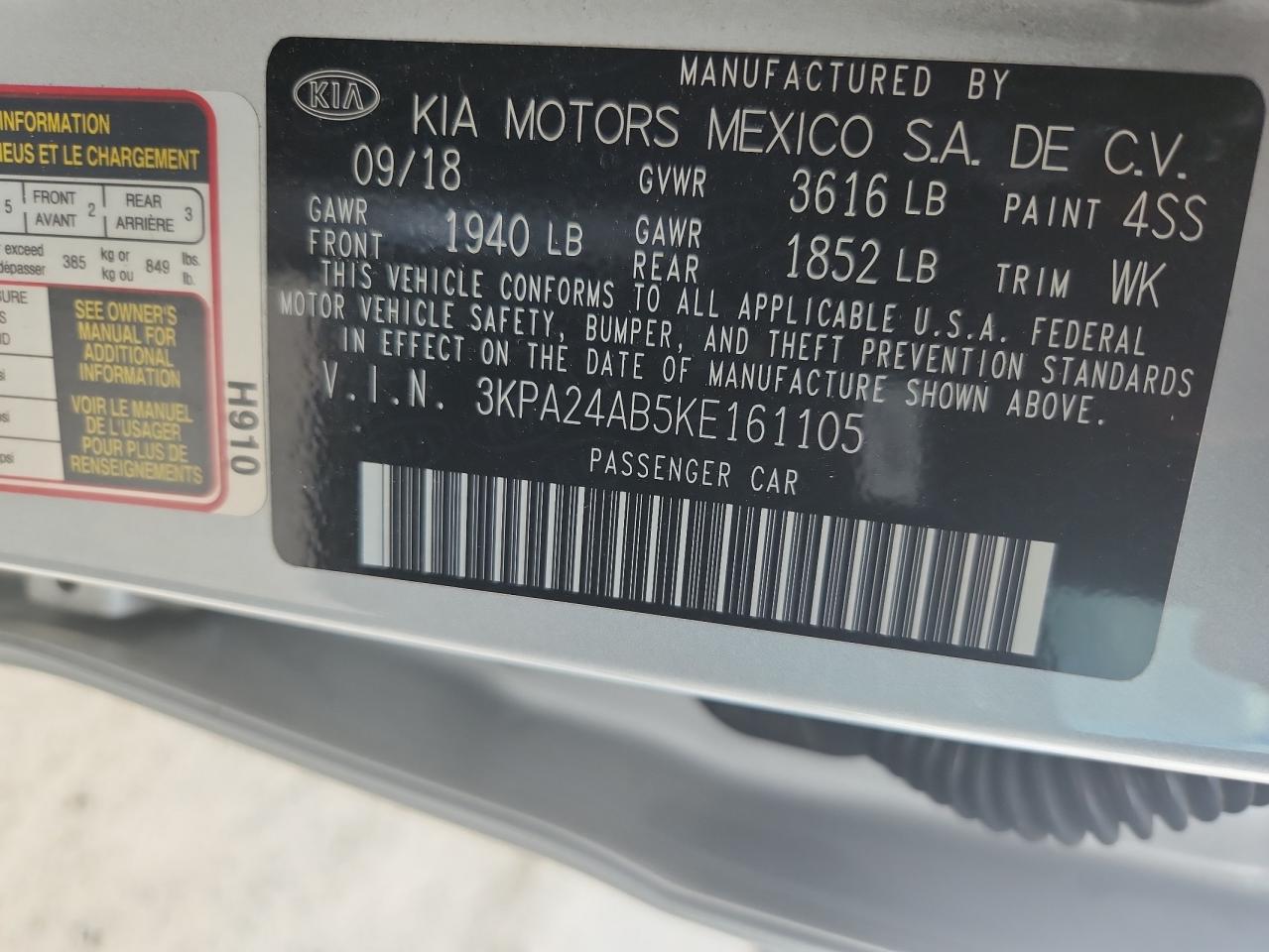 2019 Kia Rio S VIN: 3KPA24AB5KE161105 Lot: 65613425