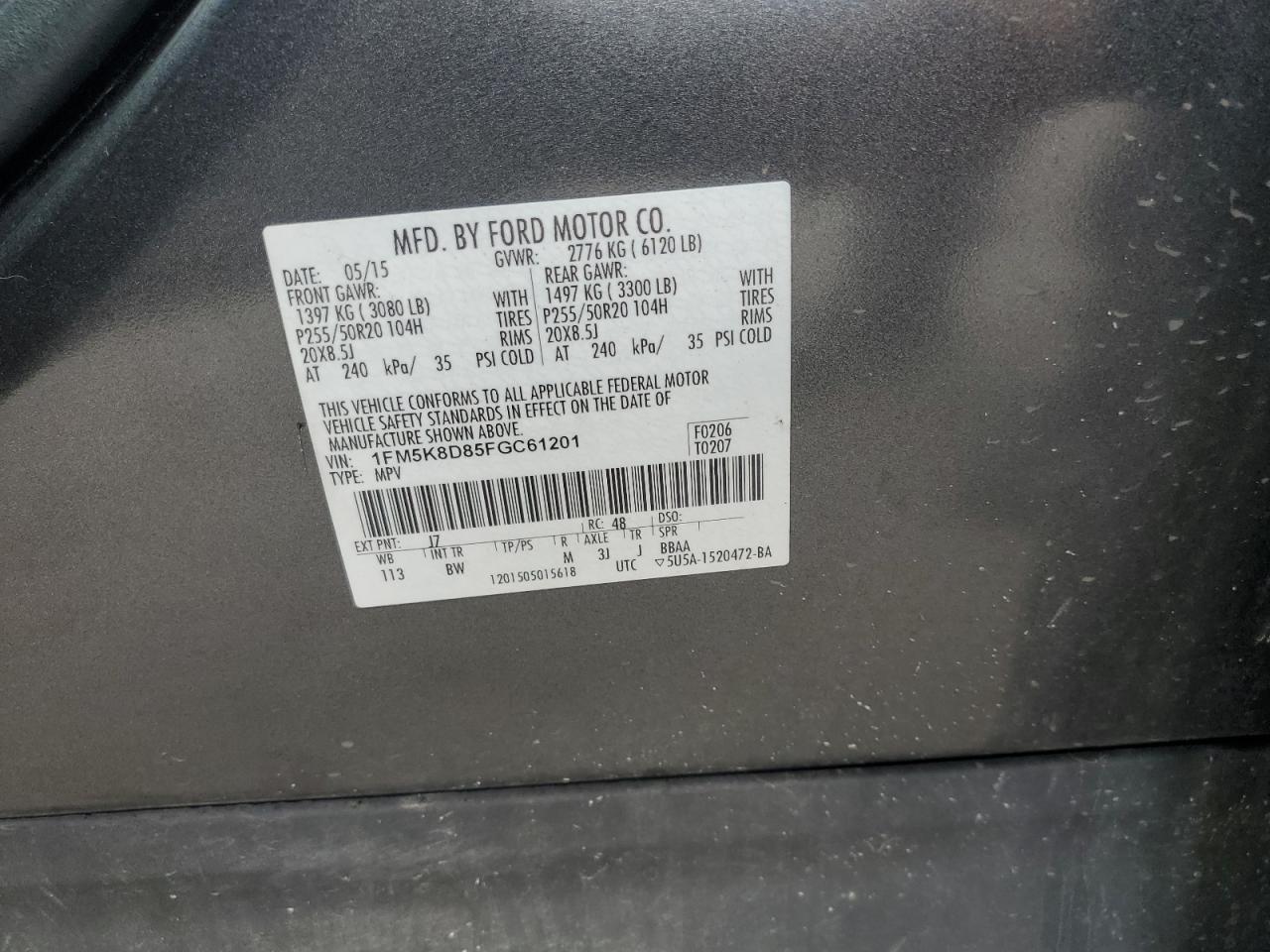 2015 Ford Explorer Xlt VIN: 1FM5K8D85FGC61201 Lot: 64765235
