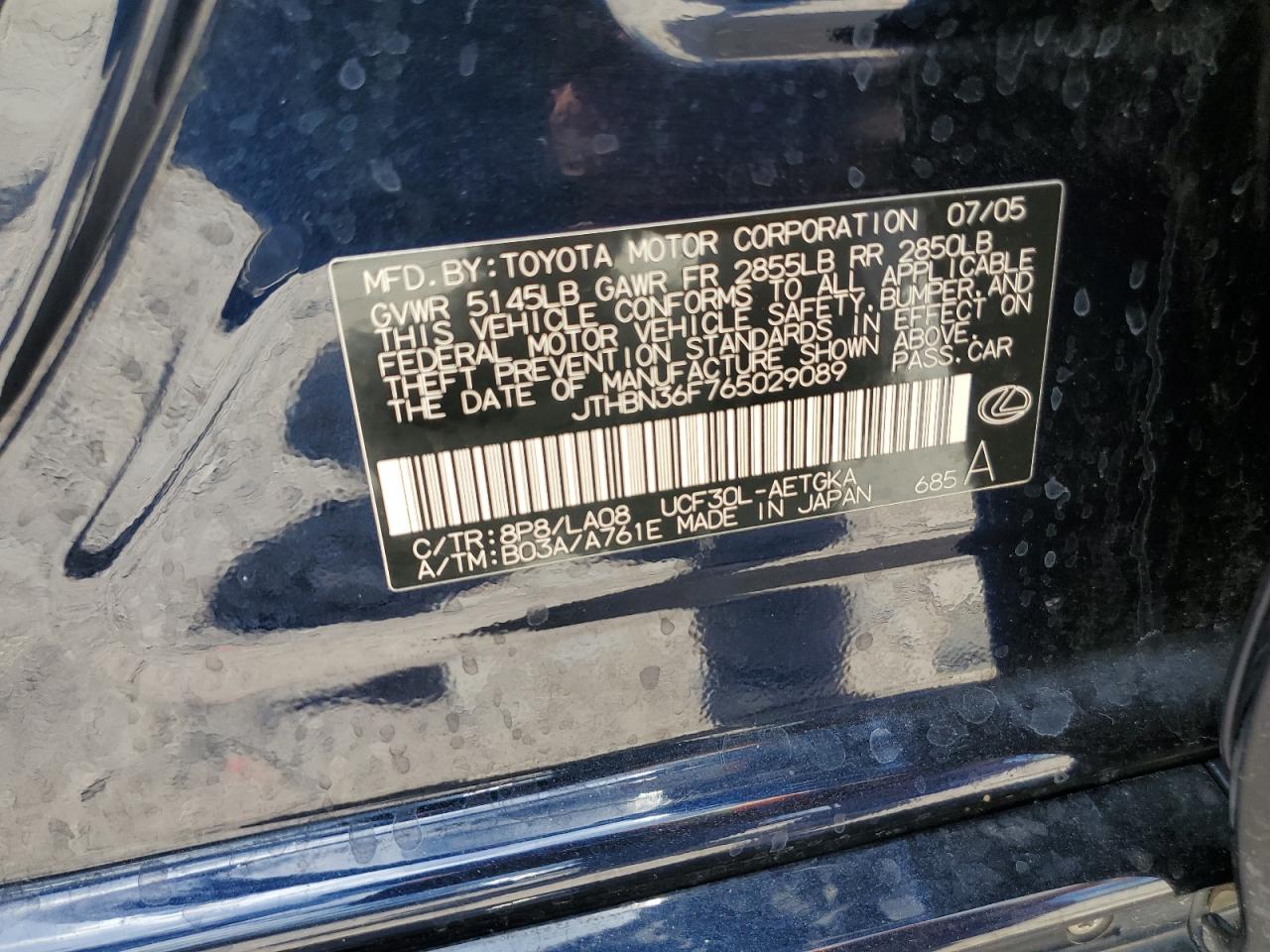 2006 Lexus Ls 430 VIN: JTHBN36F765029089 Lot: 64485485
