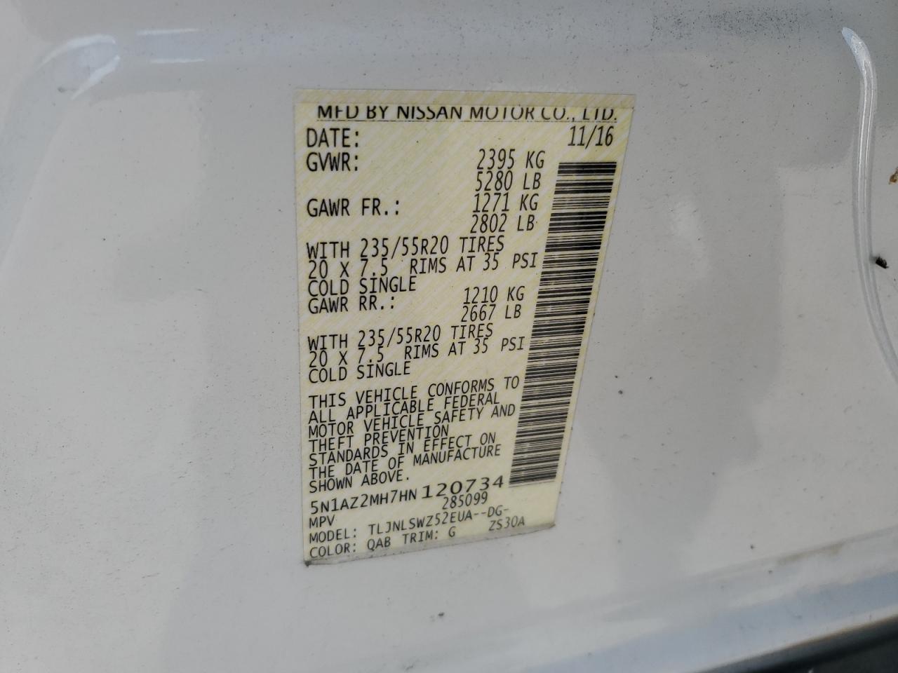 2017 Nissan Murano S VIN: 5N1AZ2MH7HN120734 Lot: 65200505