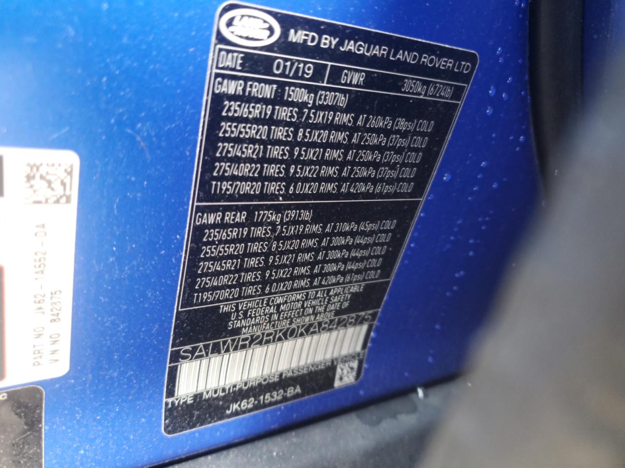 2019 Land Rover Range Rover Sport Hse VIN: SALWR2RK0KA842875 Lot: 66613945