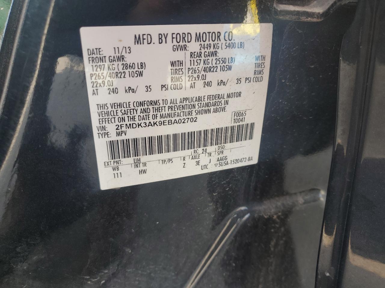 2014 Ford Edge Sport VIN: 2FMDK3AK9EBA02702 Lot: 66319645