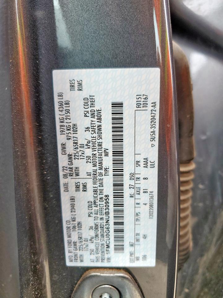 2022 Ford Escape Se VIN: 1FMCU0G63NUB30958 Lot: 63210955