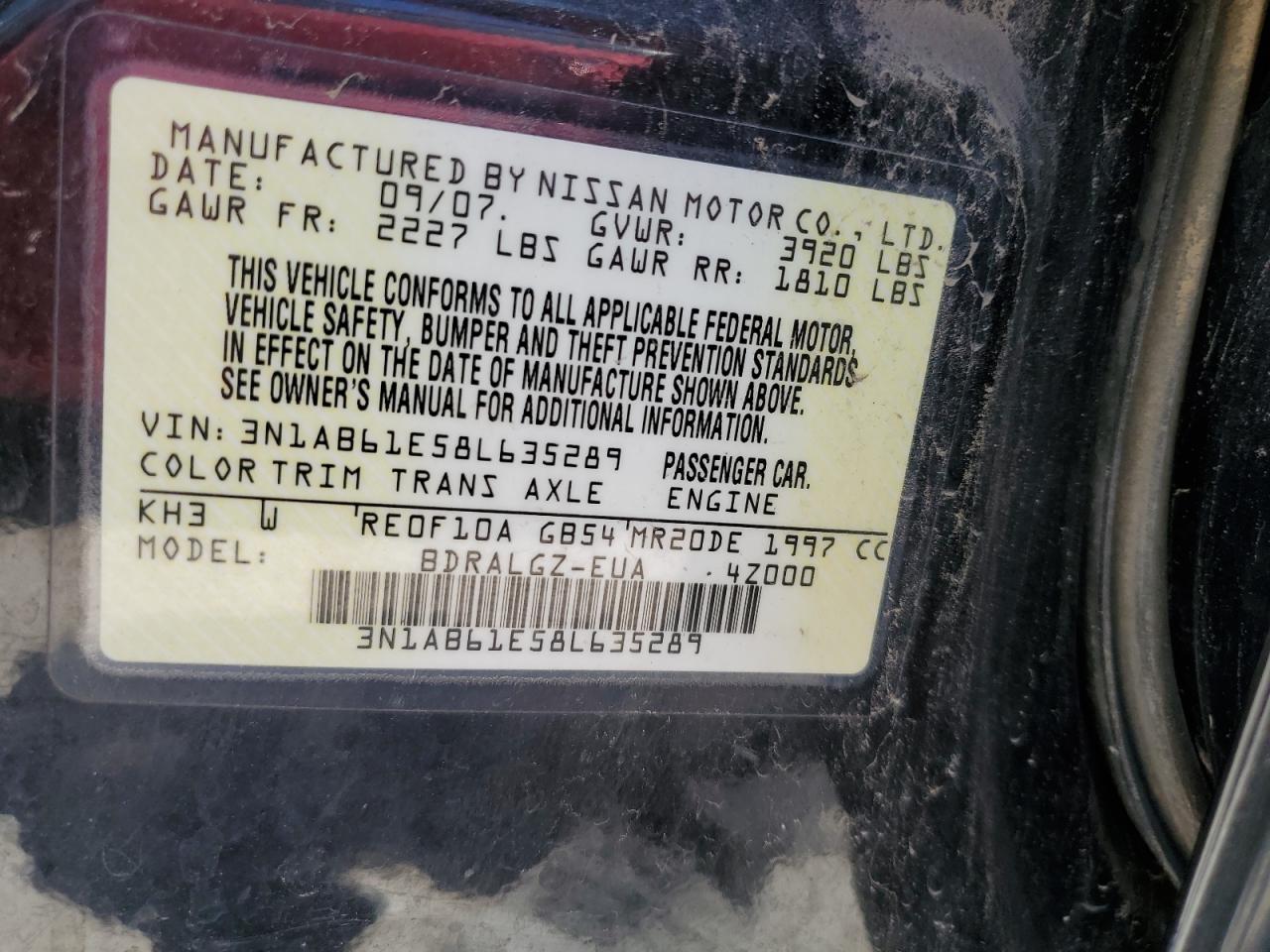 2008 Nissan Sentra 2.0 VIN: 3N1AB61E58L635289 Lot: 64645265