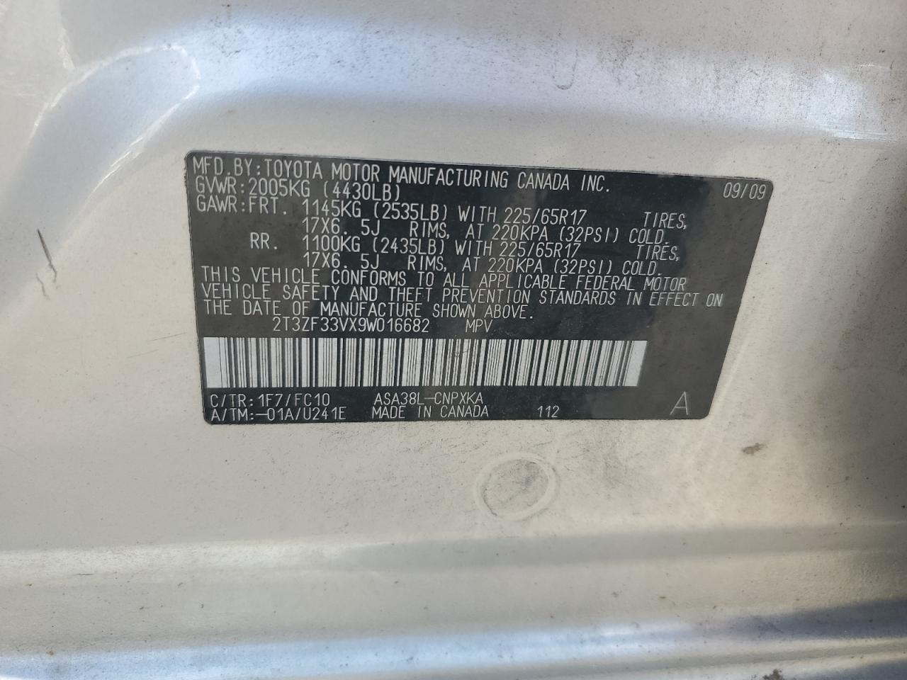 2009 Toyota Rav4 VIN: 2T3ZF33VX9W016682 Lot: 63058645