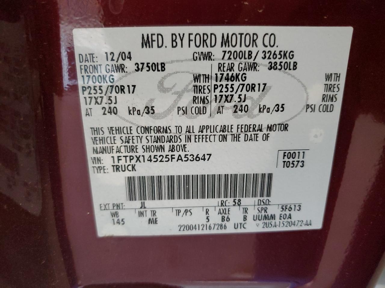 2005 Ford F150 VIN: 1FTPX14525FA53647 Lot: 64835075
