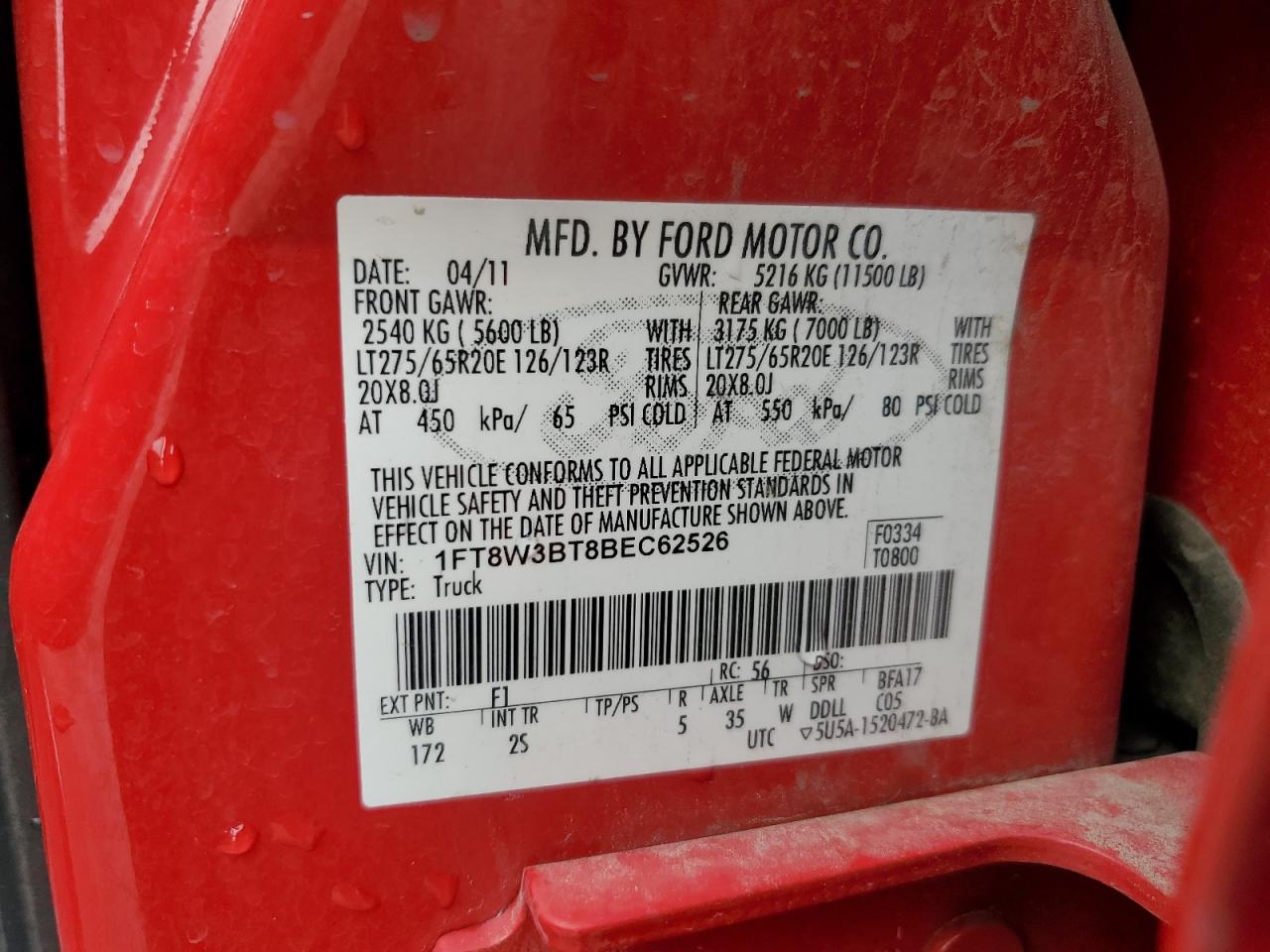 2011 Ford F350 Super Duty VIN: 1FT8W3BT8BEC62526 Lot: 66218685