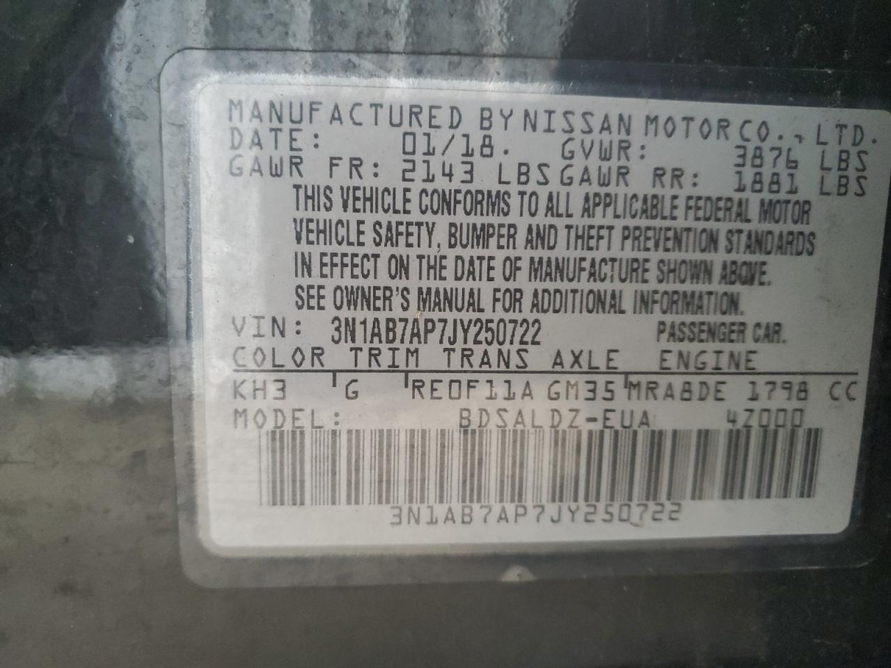 2018 Nissan Sentra S VIN: 3N1AB7AP7JY250722 Lot: 64593155