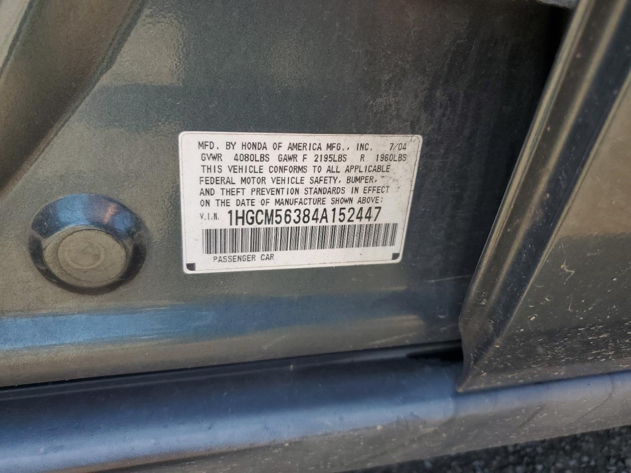 2004 Honda Accord Lx VIN: 1HGCM56384A152447 Lot: 63425995