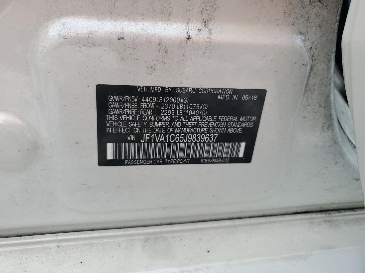 2018 Subaru Wrx Premium VIN: JF1VA1C65J9839637 Lot: 62708405