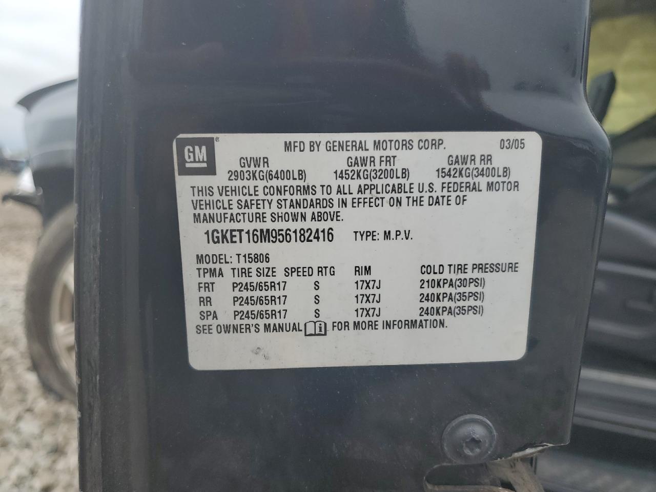2005 GMC Envoy Xl VIN: 1GKET16M956182416 Lot: 65254885