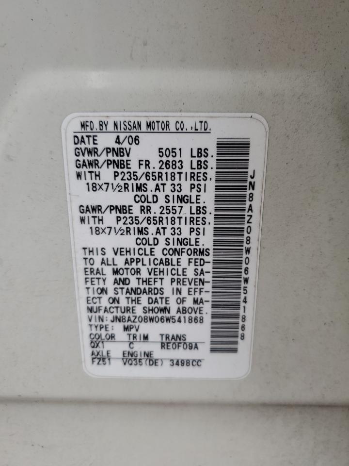 2006 Nissan Murano Sl VIN: JN8AZ08W06W541868 Lot: 64960185