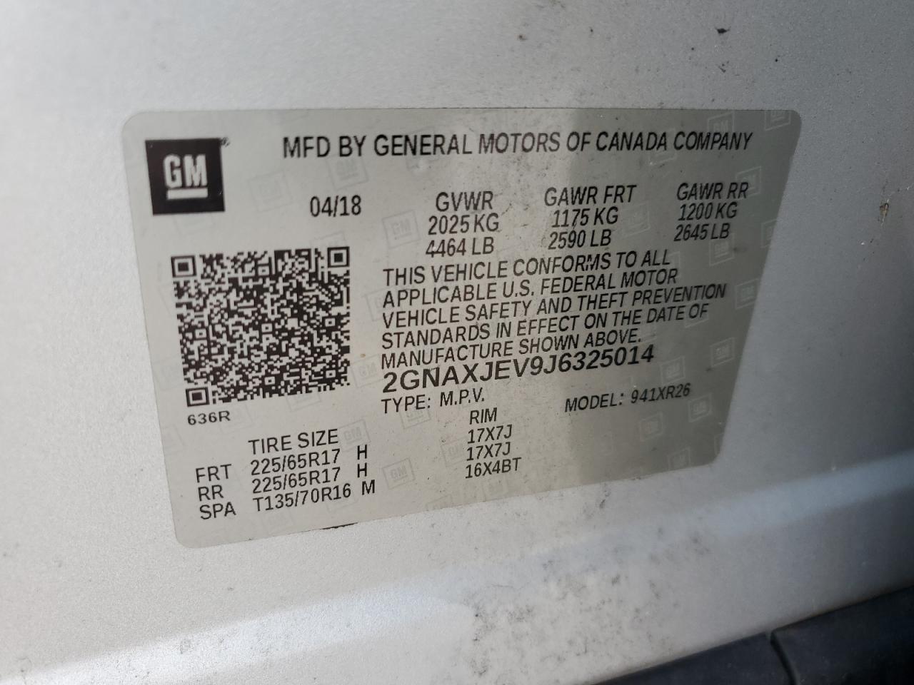 2018 Chevrolet Equinox Lt VIN: 2GNAXJEV9J6325014 Lot: 65030585