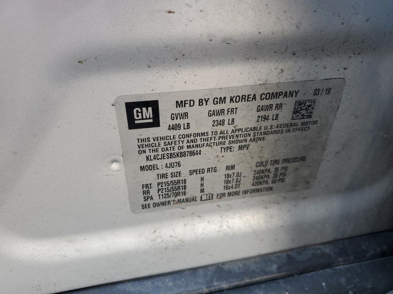 2019 Buick Encore Preferred VIN: KL4CJESB5KB878644 Lot: 64055205