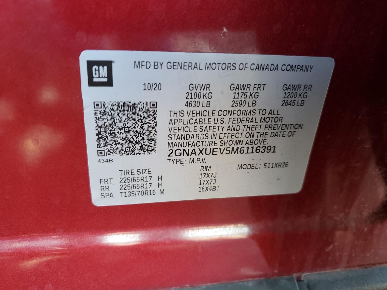 2021 Chevrolet Equinox Lt VIN: 2GNAXUEV5M6116391 Lot: 65610315