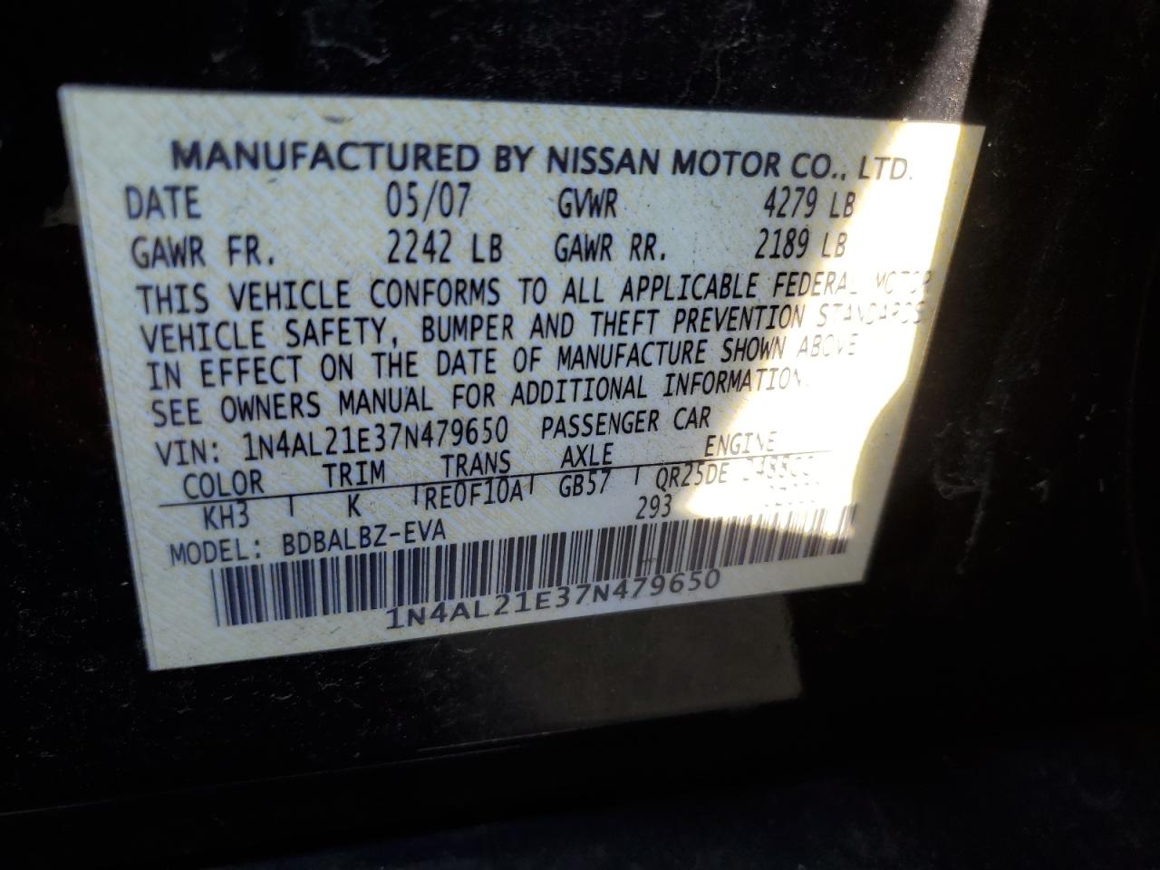 2007 Nissan Altima 2.5 VIN: 1N4AL21E37N479650 Lot: 64174675