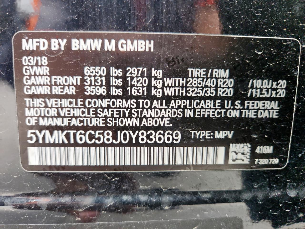 2018 BMW X5 M VIN: 5YMKT6C58J0Y83669 Lot: 63447835