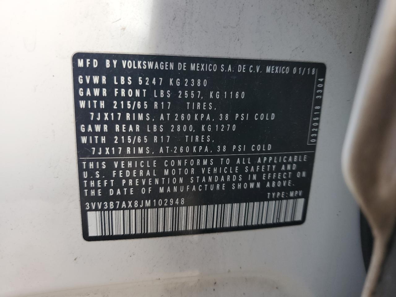 2018 Volkswagen Tiguan Se VIN: 3VV3B7AX8JM102948 Lot: 65188415
