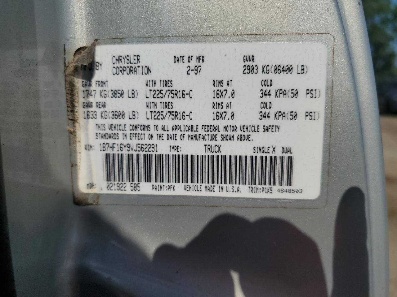 1997 Dodge Ram 1500 VIN: 1B7HF16Y9VJ562291 Lot: 63579335