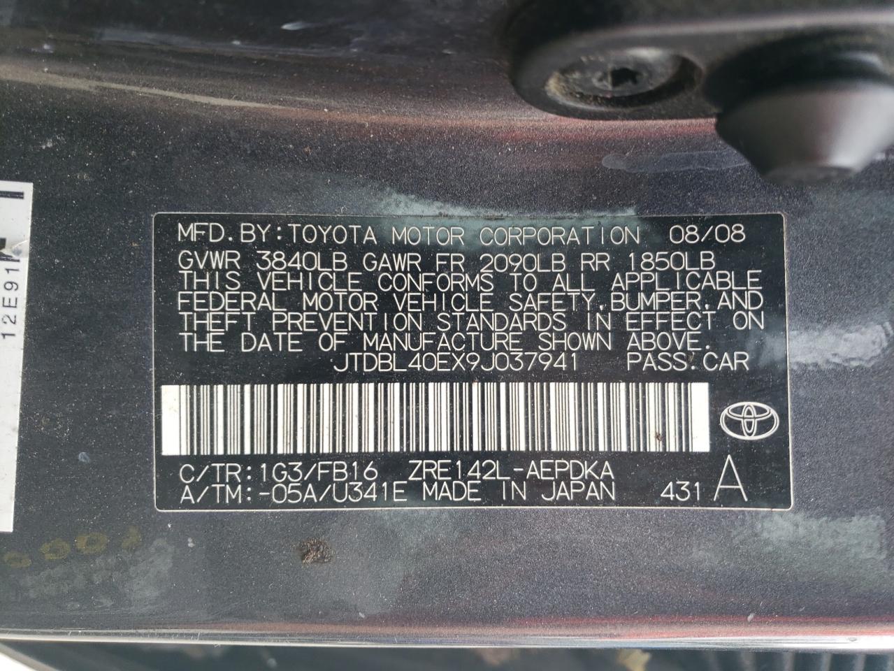 2009 Toyota Corolla Base VIN: JTDBL40EX9J037941 Lot: 63502145