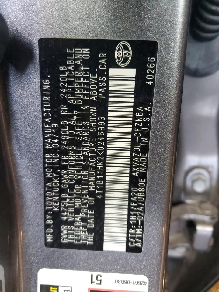 2019 Toyota Camry L VIN: 4T1B11HK2KU246993 Lot: 64782175