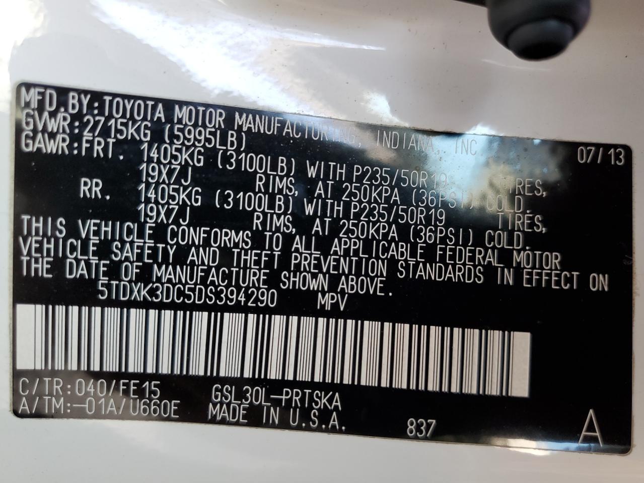2013 Toyota Sienna Sport VIN: 5TDXK3DC5DS394290 Lot: 64800965