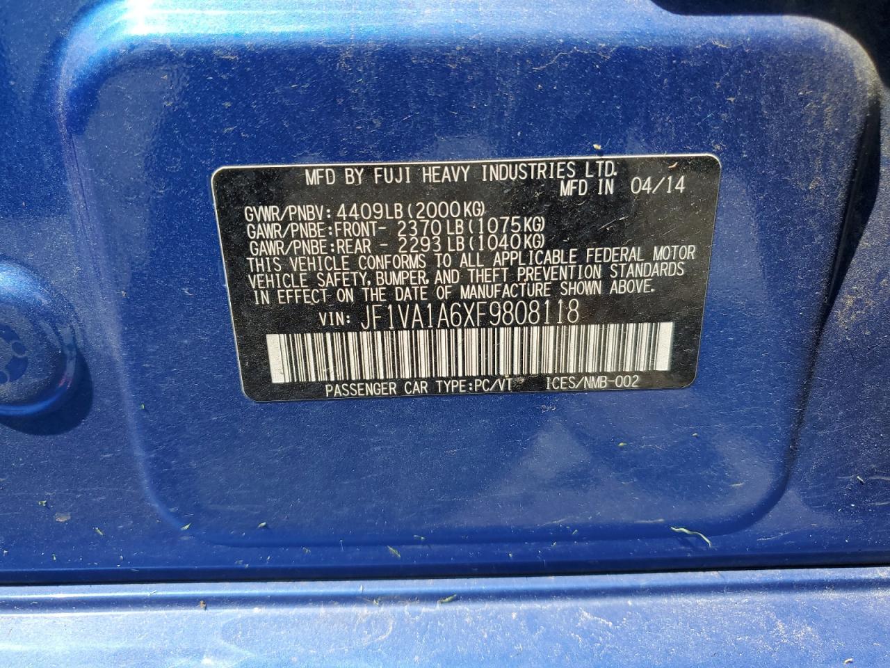2015 Subaru Wrx VIN: JF1VA1A6XF9808118 Lot: 64002705