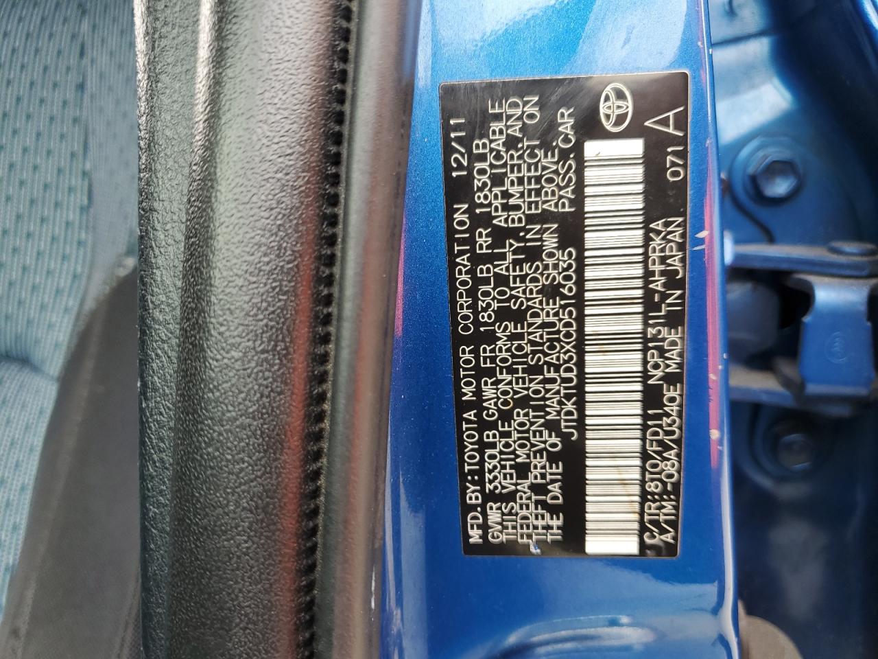 2012 Toyota Yaris VIN: JTDKTUD3XCD516035 Lot: 64675385