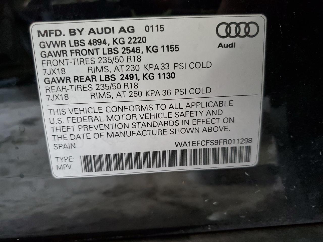 2015 Audi Q3 Premium Plus VIN: WA1EFCFS9FR011298 Lot: 63310885