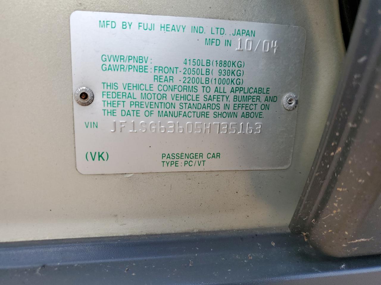 2005 Subaru Forester 2.5X VIN: JF1SG63605H735163 Lot: 65858505