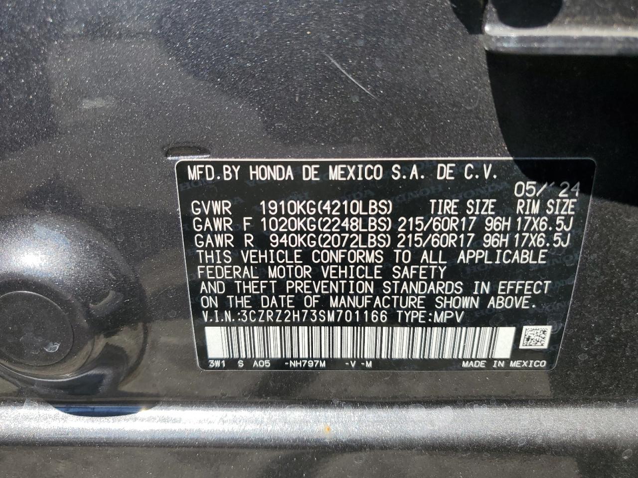 2025 Honda Hr-V Exl VIN: 3CZRZ2H73SM701166 Lot: 63934175