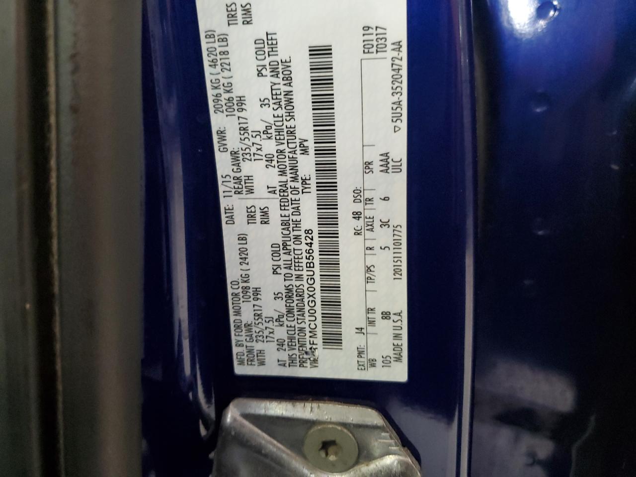 2016 Ford Escape Se VIN: 1FMCU0GX0GUB56428 Lot: 64728225