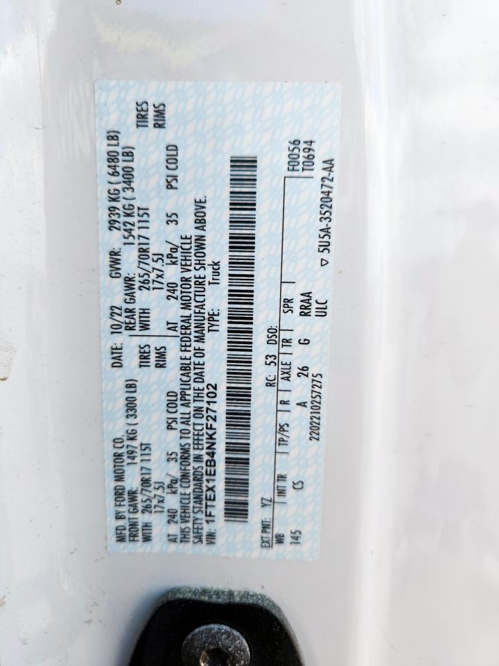 2022 Ford F150 Super Cab VIN: 1FTEX1EB4NKF27102 Lot: 64414505