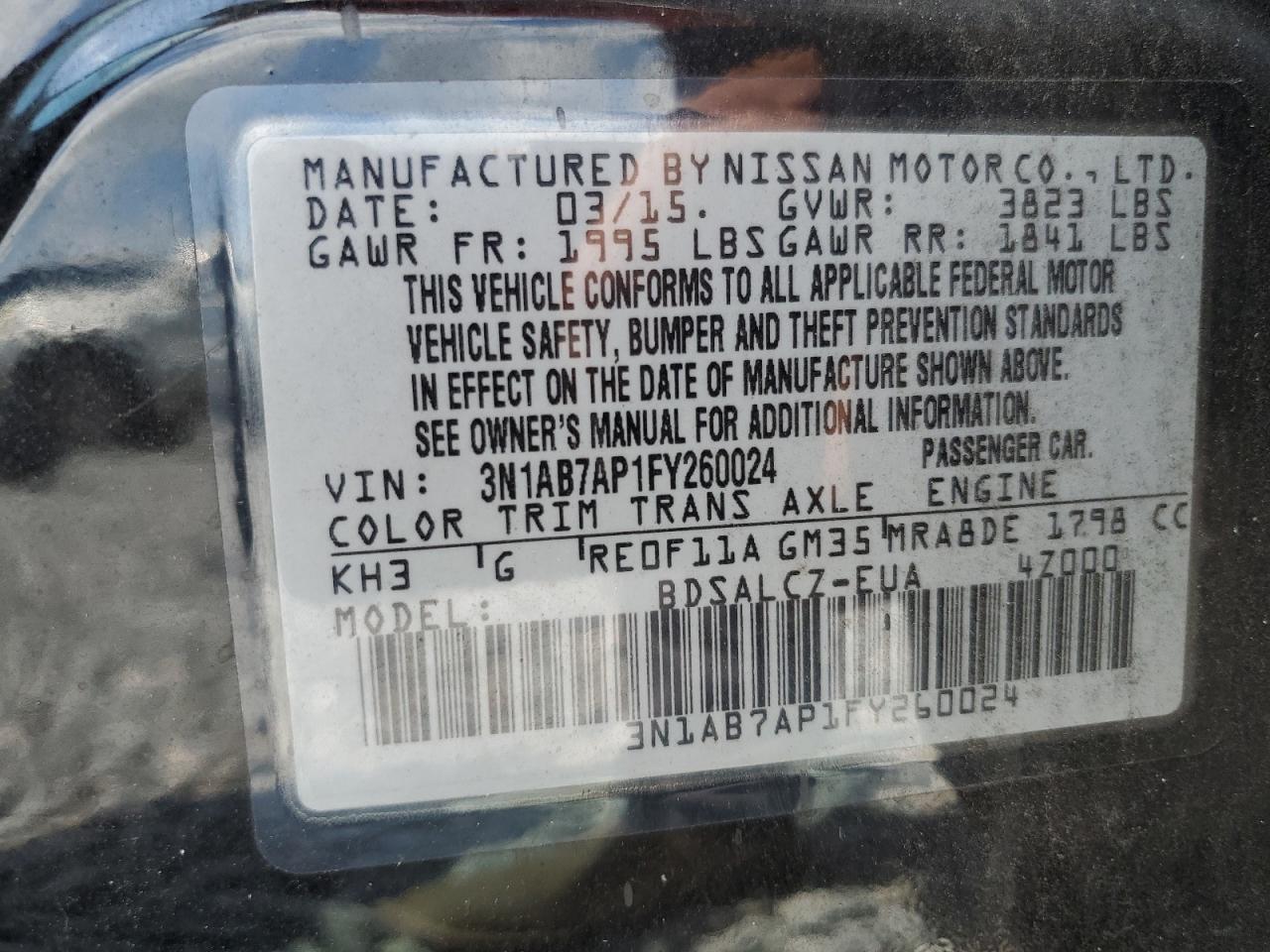 3N1AB7AP1FY260024 2015 Nissan Sentra S