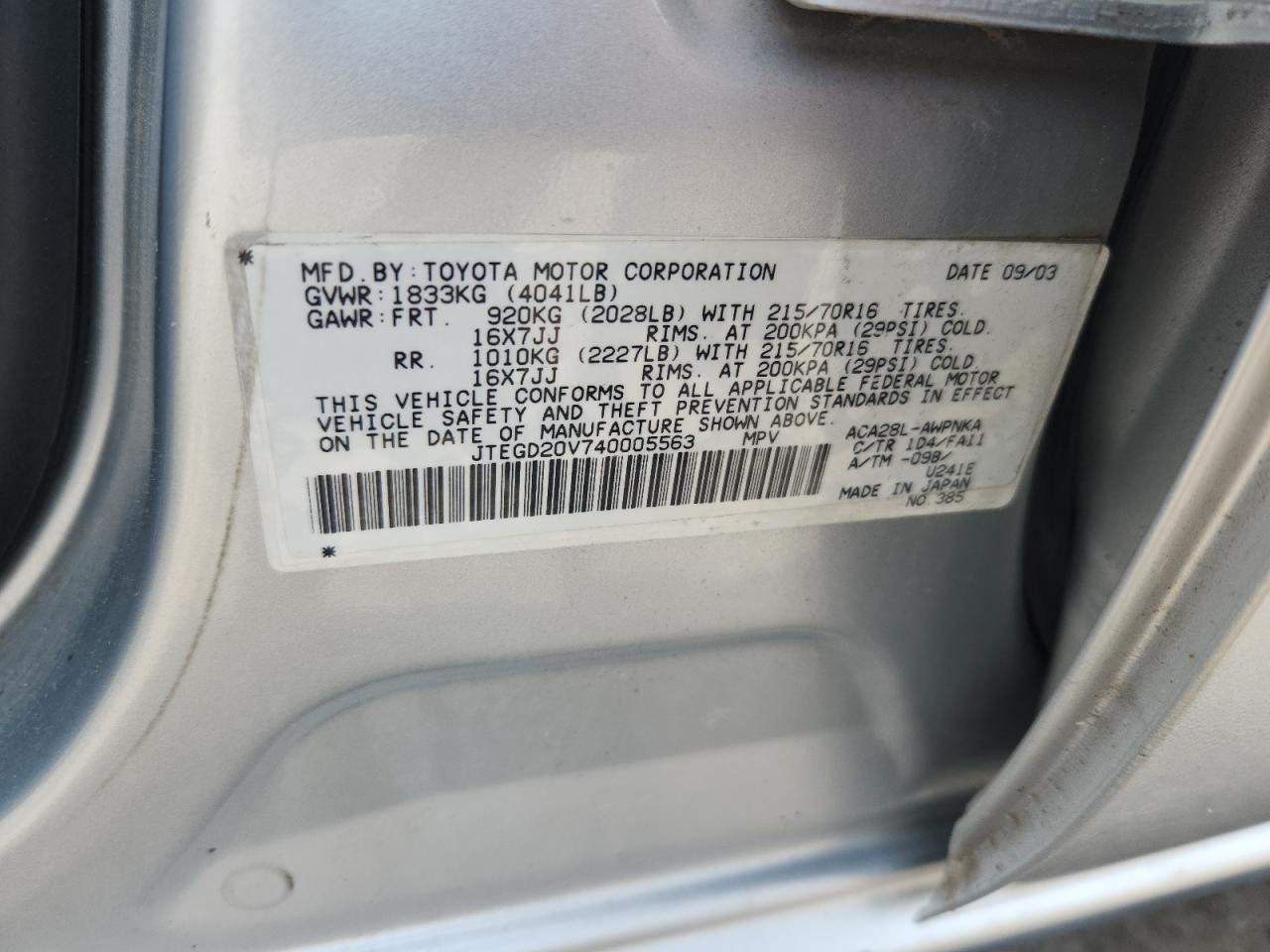 2004 Toyota Rav4 VIN: JTEGD20V740005563 Lot: 64065515