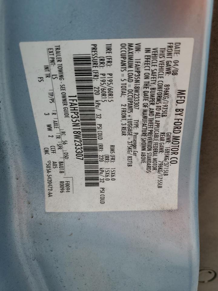 2008 Ford Focus Se VIN: 1FAHP35N18W233307 Lot: 62891795