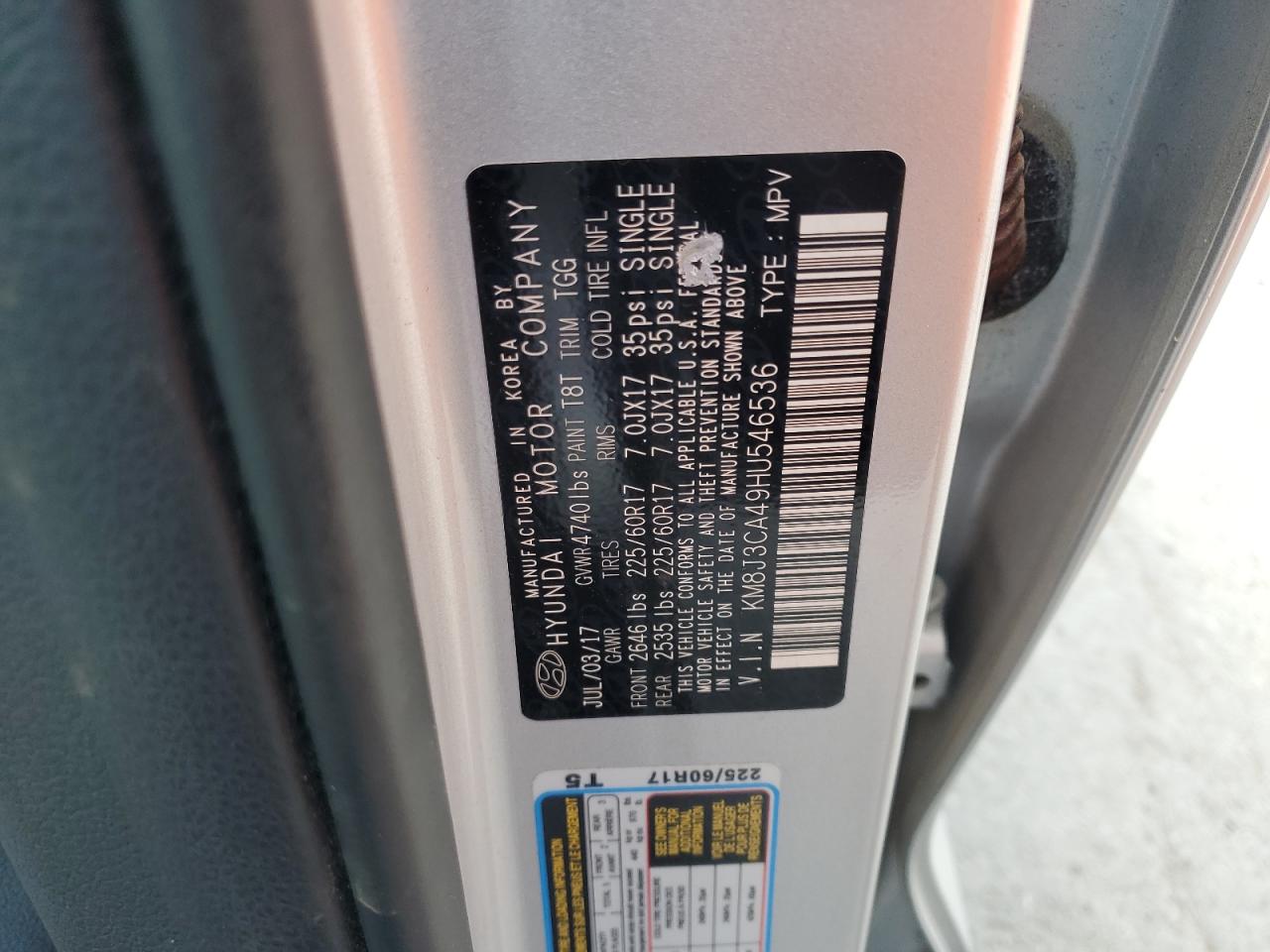 2017 Hyundai Tucson Limited VIN: KM8J3CA49HU546536 Lot: 63025545