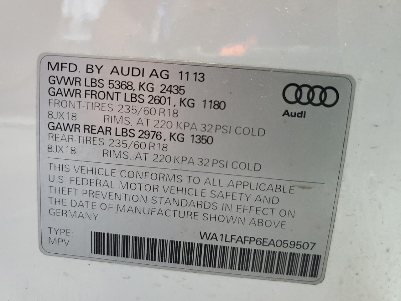 2014 Audi Q5 Premium Plus VIN: WA1LFAFP6EA059507 Lot: 64691875