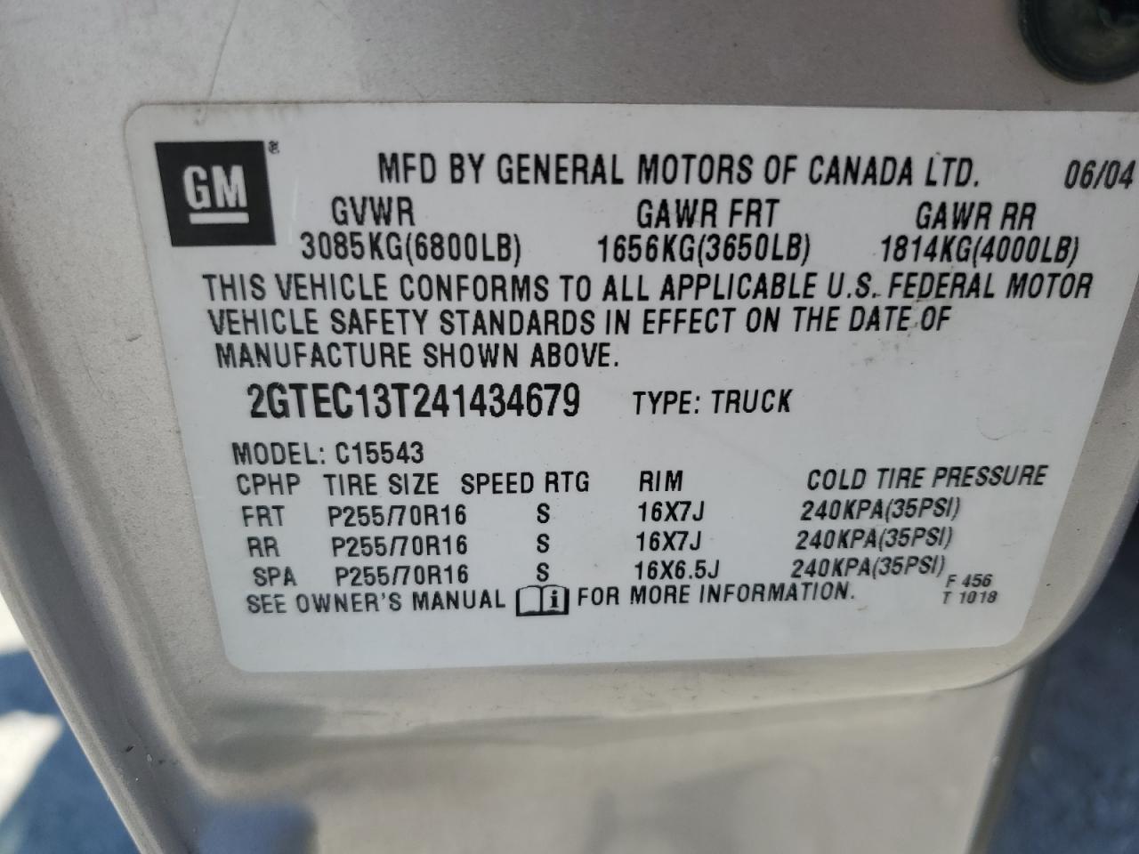2004 GMC New Sierra C1500 VIN: 2GTEC13T241434679 Lot: 63063635