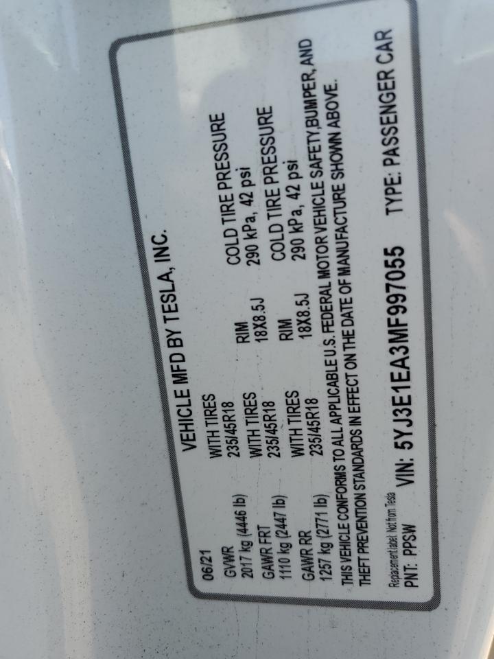 2021 Tesla Model 3 VIN: 5YJ3E1EA3MF997055 Lot: 63984035