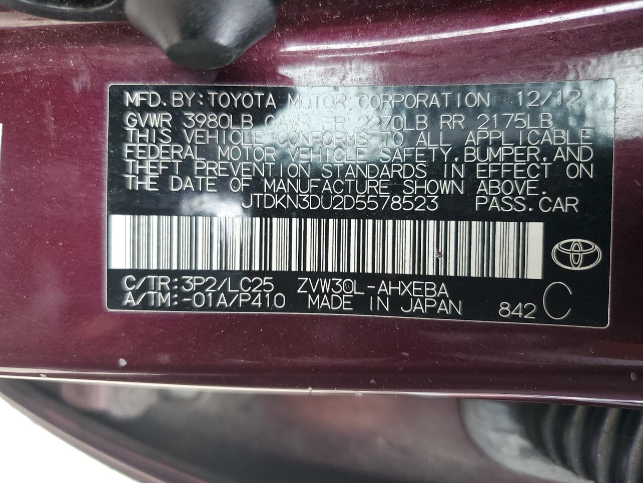 2013 Toyota Prius VIN: JTDKN3DU2D5578523 Lot: 63744665