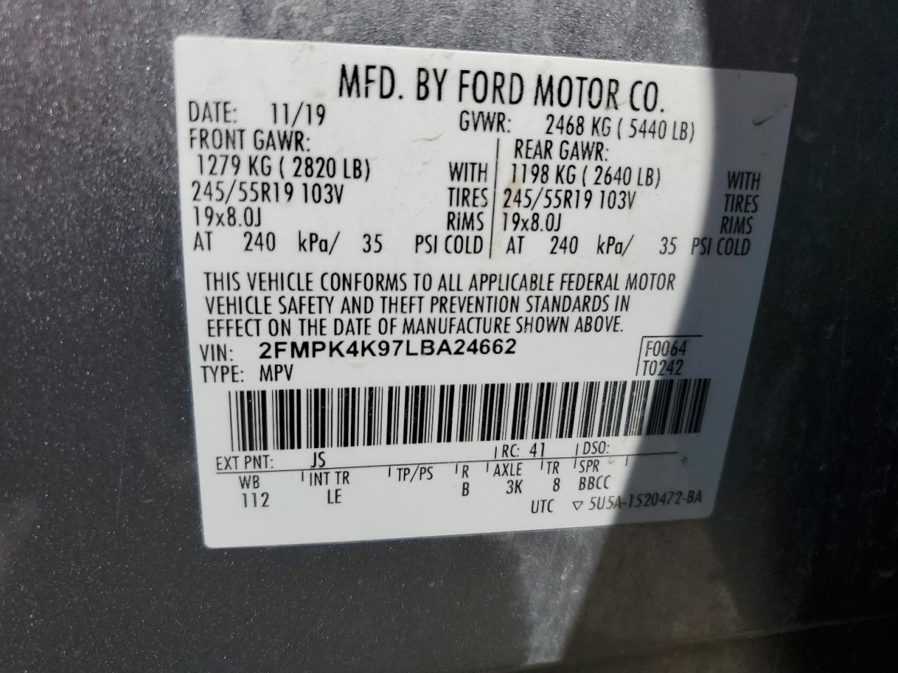 2020 Ford Edge Titanium VIN: 2FMPK4K97LBA24662 Lot: 64430575